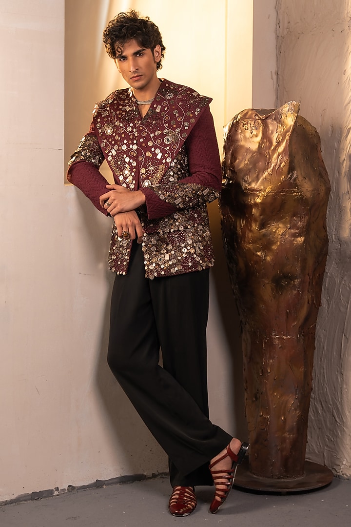 Black & Pink Jacquard Gold Embroidered Jacket by Jatin Malik at Pernia's Pop Up Shop