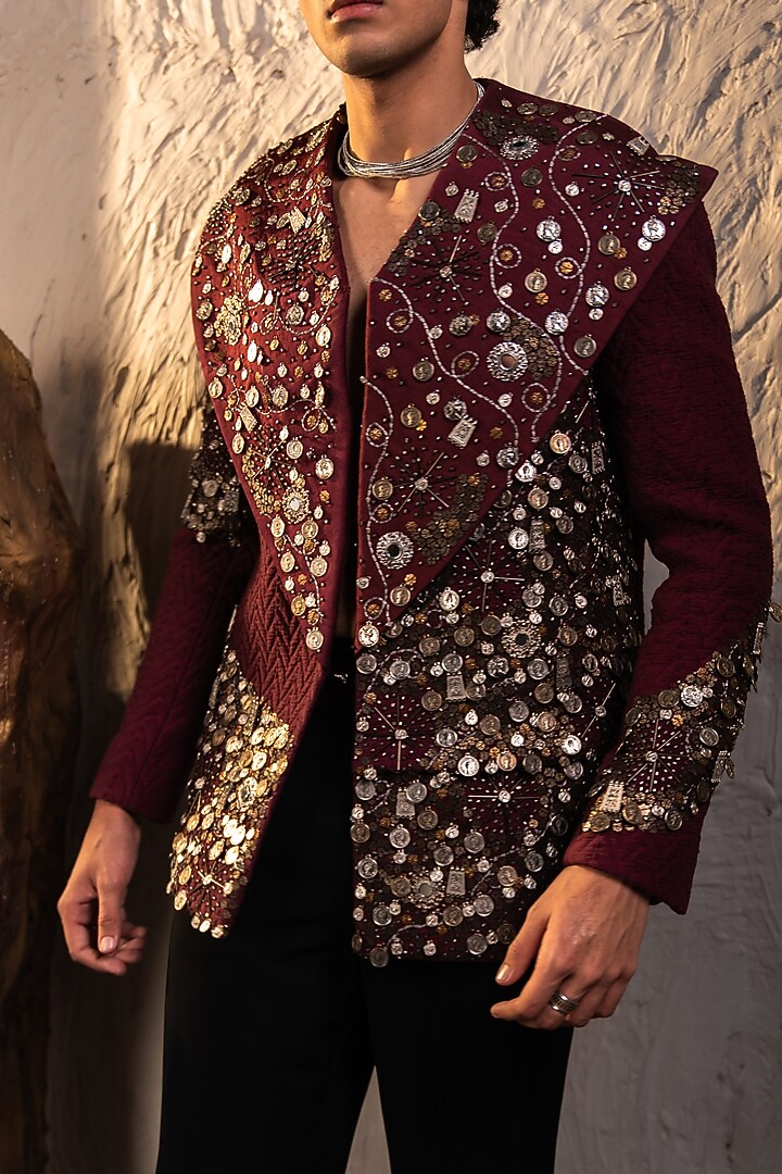 Black & Pink Jacquard Gold Embroidered Jacket by Jatin Malik at Pernia's Pop Up Shop