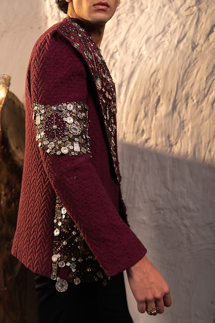 Black & Pink Jacquard Gold Embroidered Jacket by Jatin Malik at Pernia's Pop Up Shop