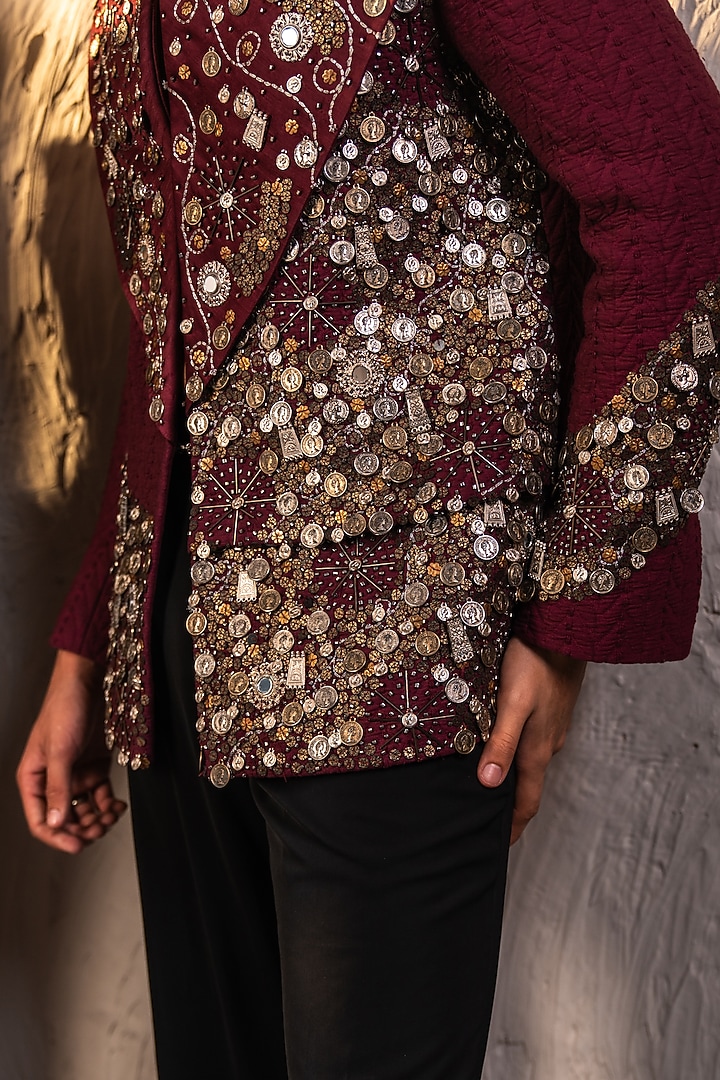 Black & Pink Jacquard Gold Embroidered Jacket by Jatin Malik at Pernia's Pop Up Shop