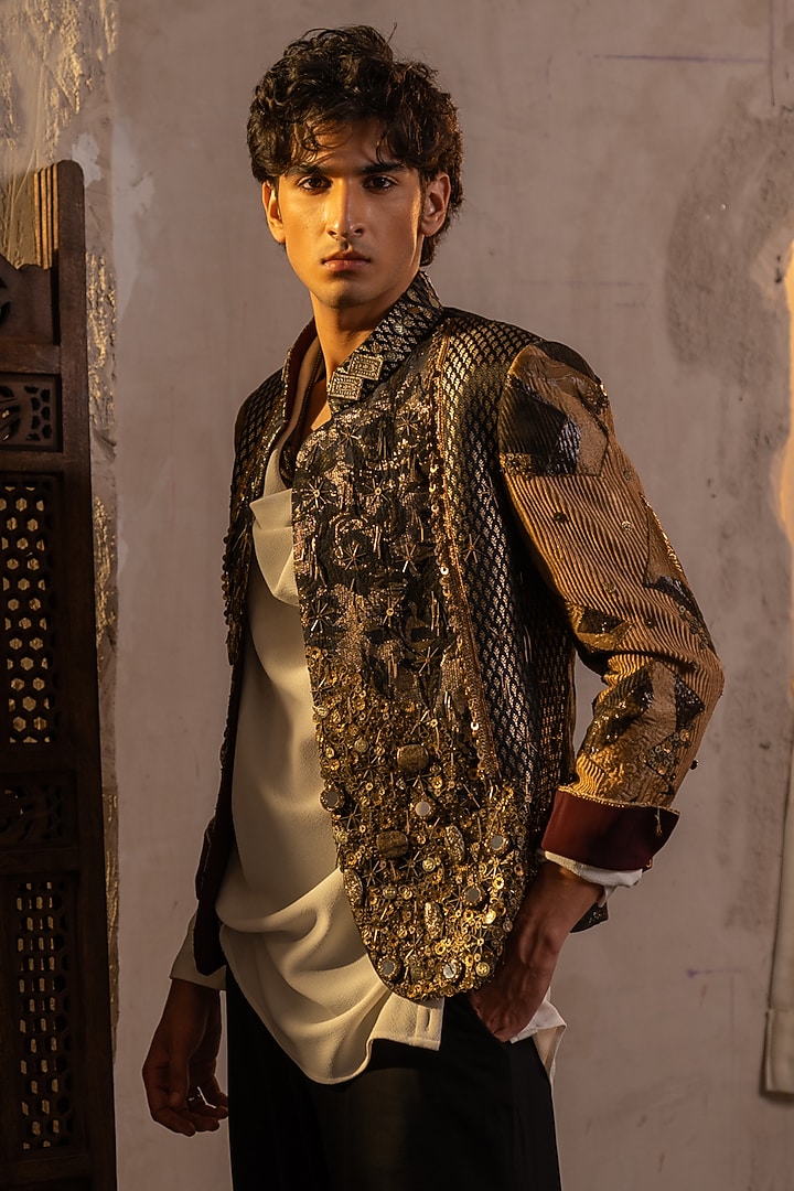 Black & Gold Brocade Embellished Jacket by Jatin Malik at Pernia's Pop Up Shop