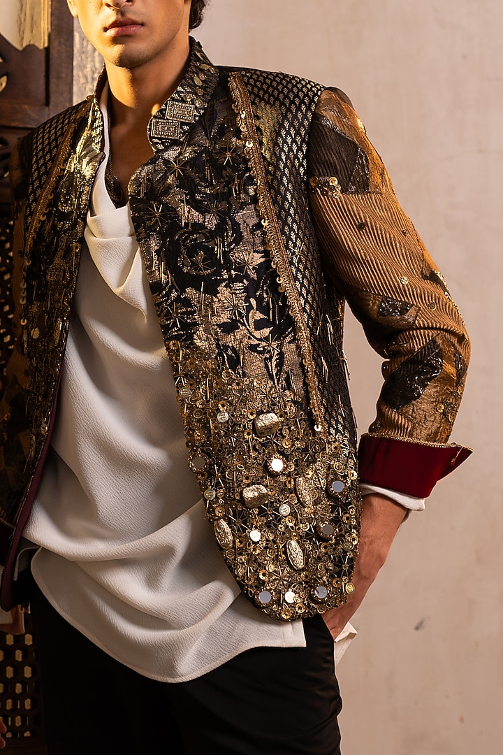 Black & Gold Brocade Embellished Jacket by Jatin Malik at Pernia's Pop Up Shop