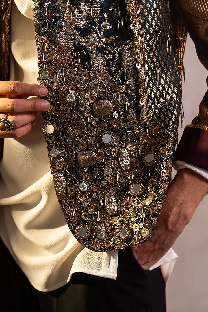 Black & Gold Brocade Embellished Jacket by Jatin Malik at Pernia's Pop Up Shop