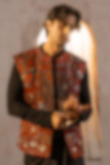 Black & Orange Jacquard Embellished Jacket by Jatin Malik at Pernia's Pop Up Shop