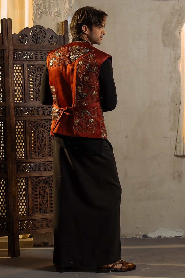 Black & Orange Jacquard Embellished Jacket by Jatin Malik at Pernia's Pop Up Shop