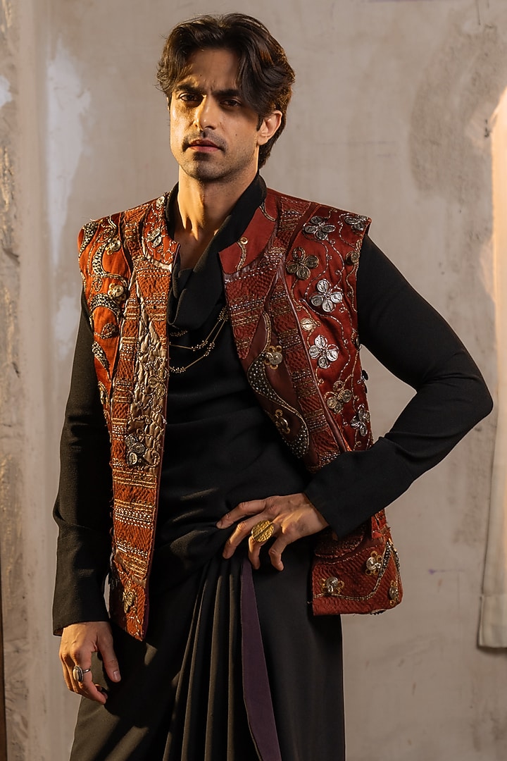 Black & Orange Jacquard Embellished Jacket by Jatin Malik at Pernia's Pop Up Shop