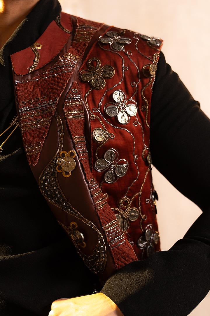 Black & Orange Jacquard Embellished Jacket by Jatin Malik at Pernia's Pop Up Shop