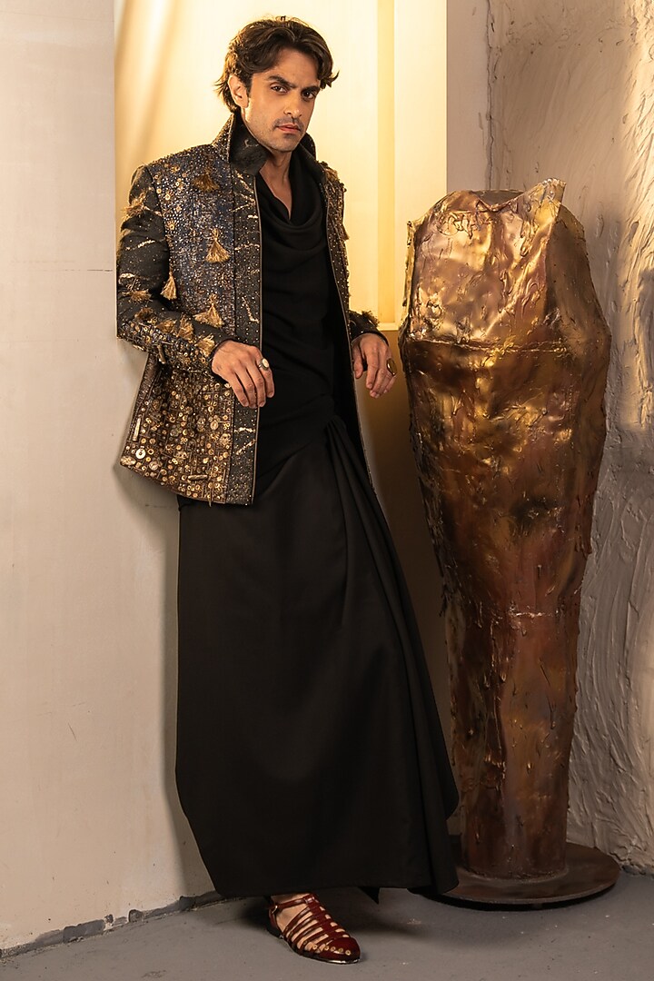 Multi-Colored Jacquard Hand Embroidered Jacket Set by Jatin Malik at Pernia's Pop Up Shop