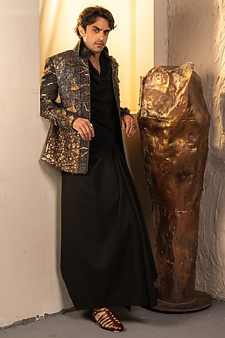 Multi-Colored Jacquard Hand Embroidered Jacket Set by Jatin Malik
