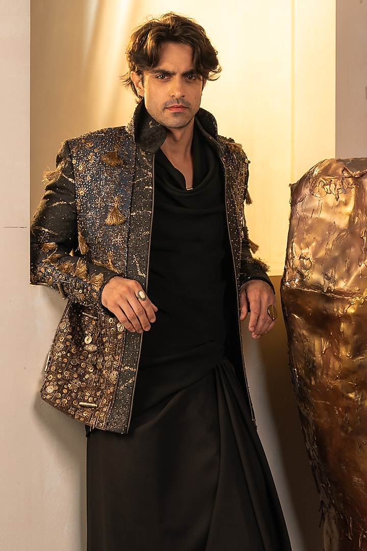 Multi-Colored Jacquard Hand Embroidered Jacket Set by Jatin Malik at Pernia's Pop Up Shop
