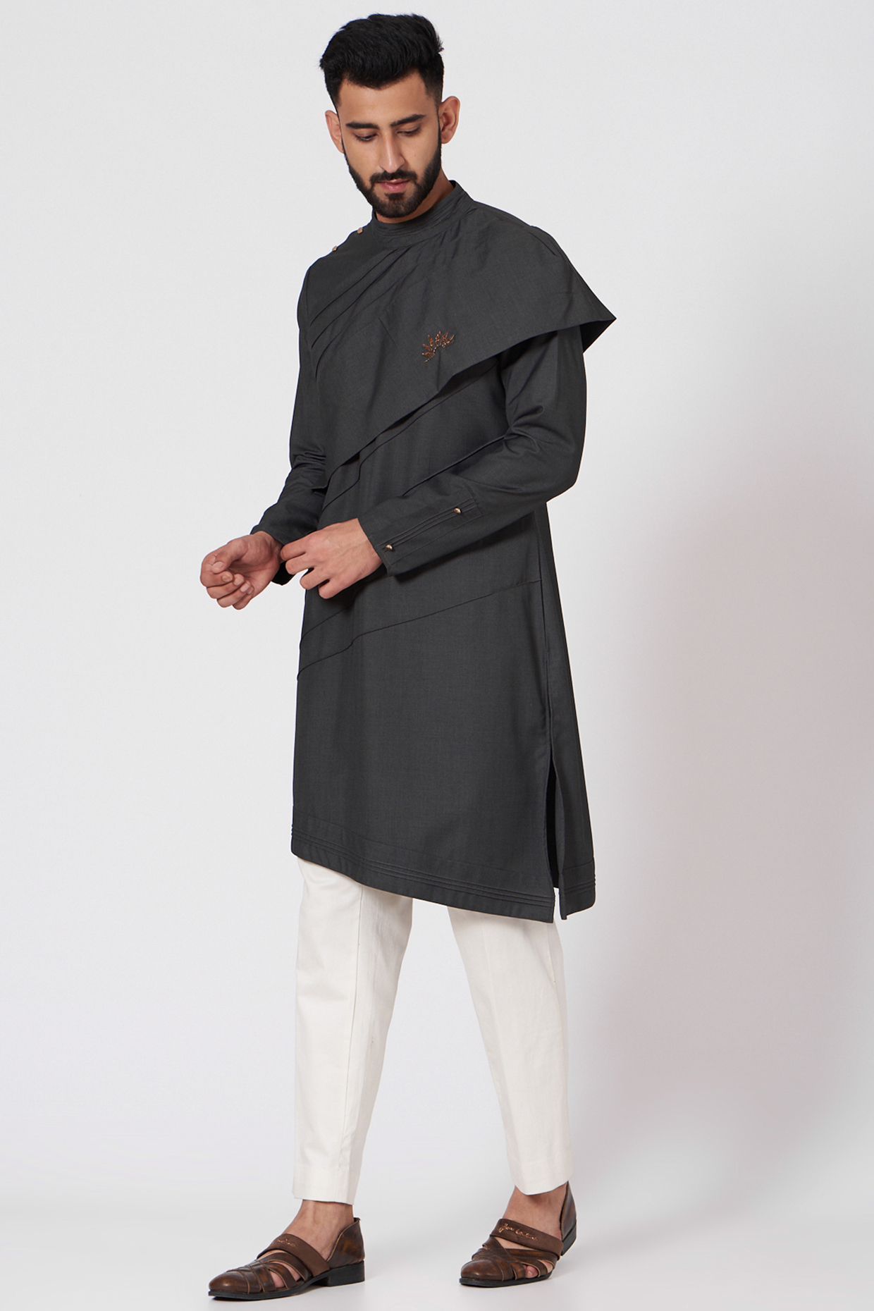 Charcoal Grey Flap Kurta Set by Jatin Malik at Pernia's Pop Up Shop