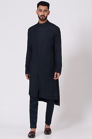 Midnight Blue Angrakha Kurta Set by Jatin Malik