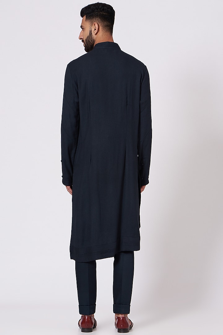 Midnight Blue Angrakha Kurta Set by Jatin Malik at Pernia's Pop Up Shop