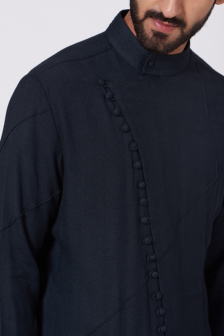 Midnight Blue Angrakha Kurta Set by Jatin Malik at Pernia's Pop Up Shop