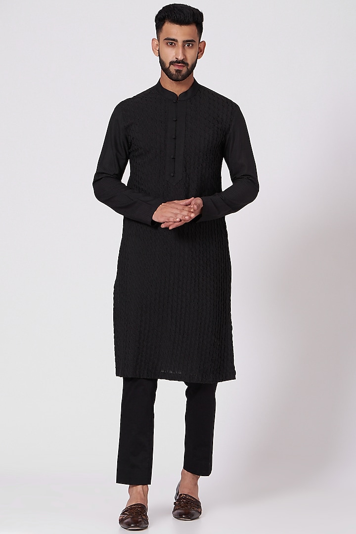 Black Poly Silk Kurta Set by Jatin Malik at Pernia's Pop Up Shop