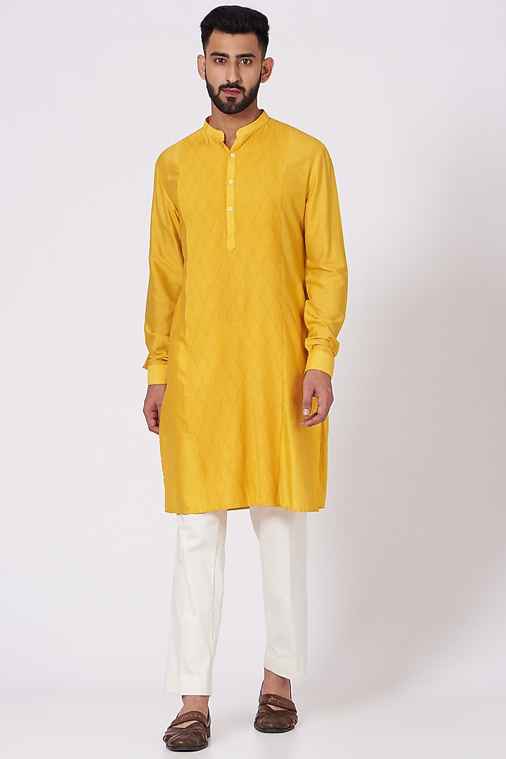 Yellow Poly Silk Pintucks Kurta Set by Jatin Malik at Pernia's Pop Up Shop