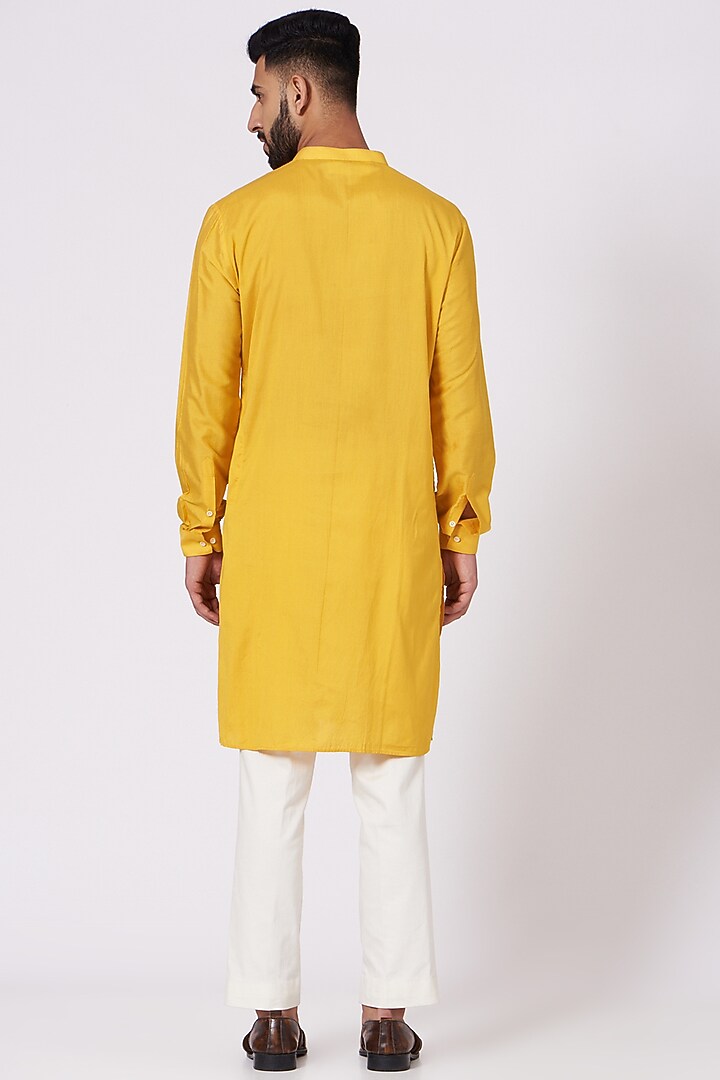 Yellow Poly Silk Pintucks Kurta Set by Jatin Malik at Pernia's Pop Up Shop
