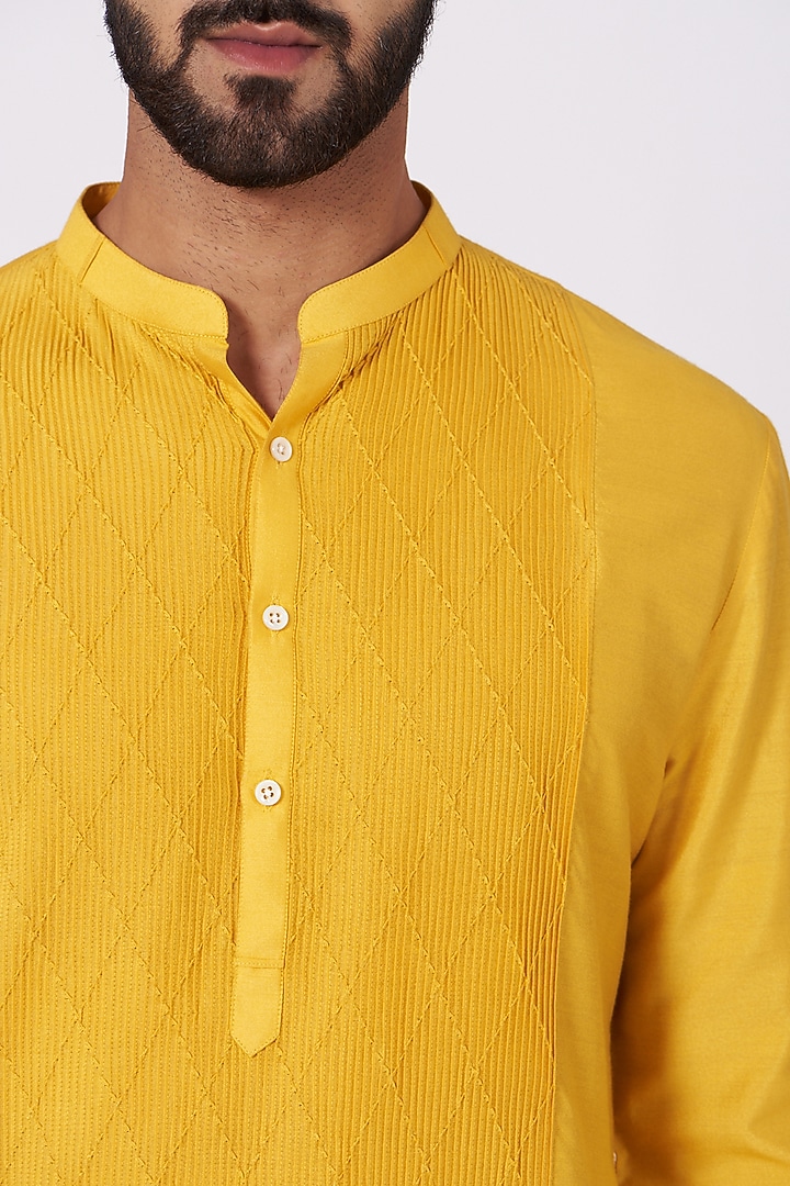 Yellow Poly Silk Pintucks Kurta Set by Jatin Malik at Pernia's Pop Up Shop