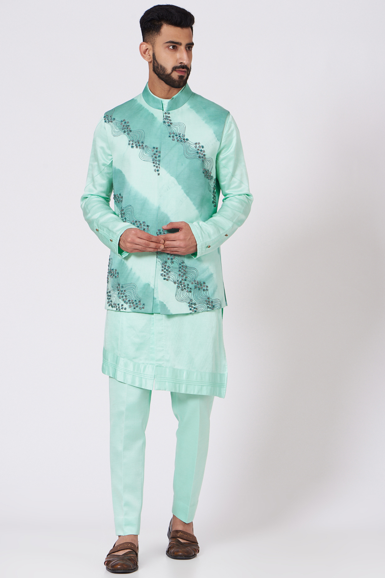 Tiffany Blue Linen Silk Hand Embroidered Ombre Nehru Jacket Set by Jatin Malik at Pernia's Pop Up Shop
