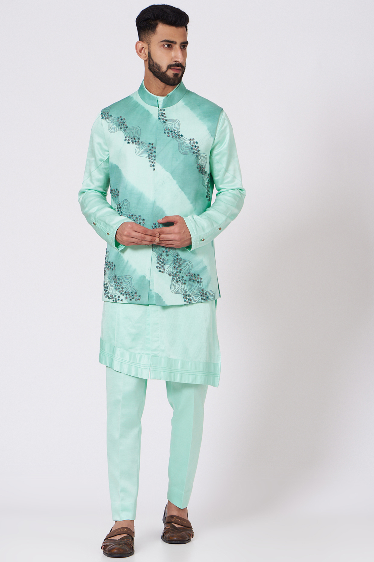 Tiffany Blue Kurta Set With Nehru Jacket by Jatin Malik