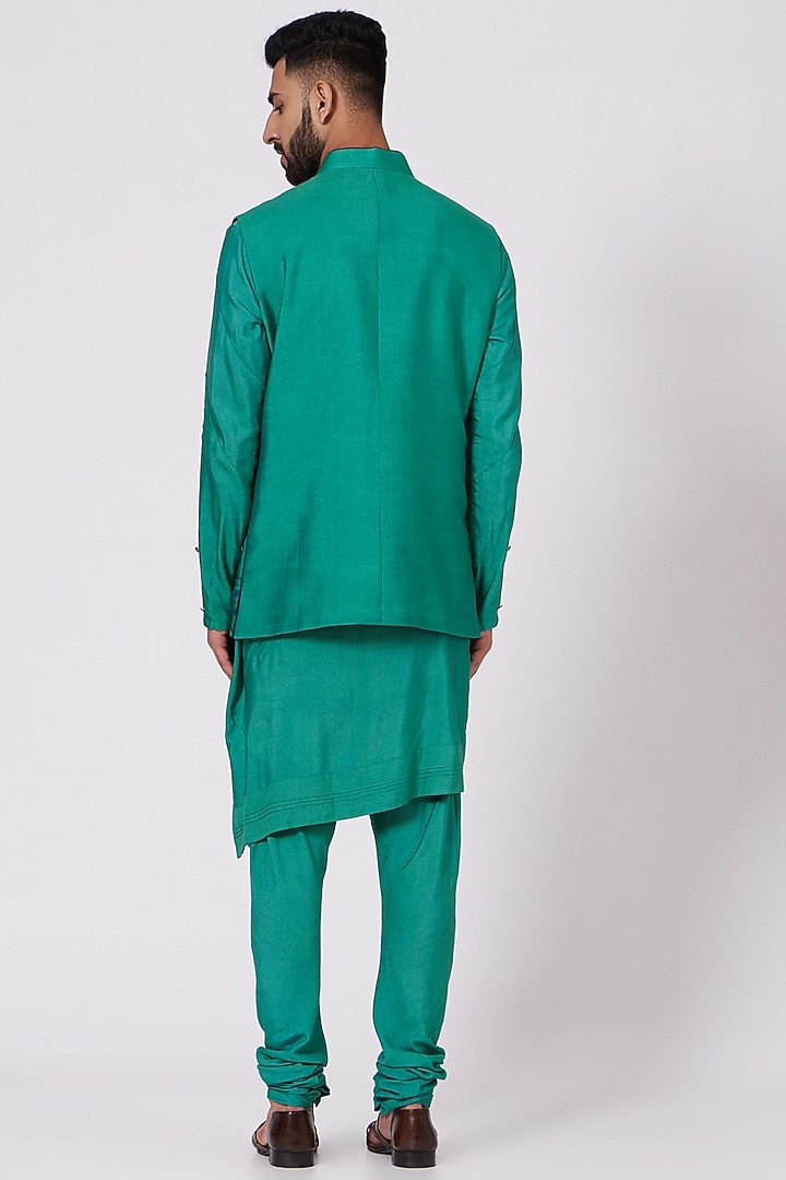 Jade Green Slub Silk Hand Painted Nehru Jacket Set by Jatin Malik at Pernia's Pop Up Shop