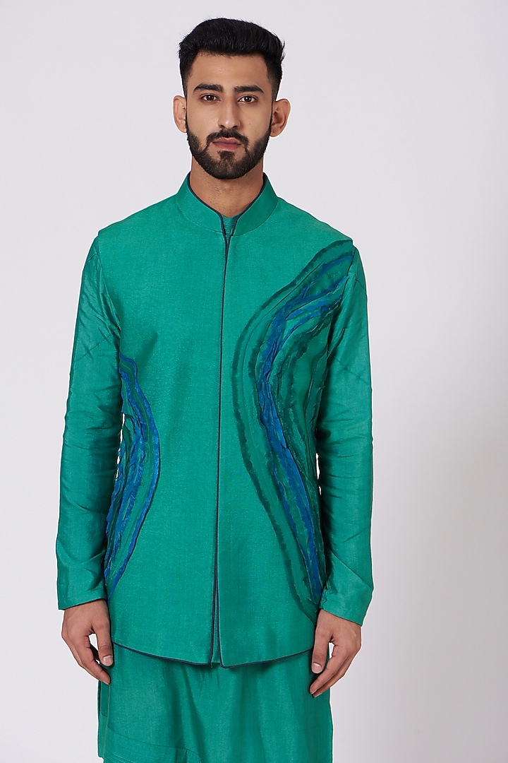 Jade Green Slub Silk Hand Painted Nehru Jacket Set by Jatin Malik at Pernia's Pop Up Shop