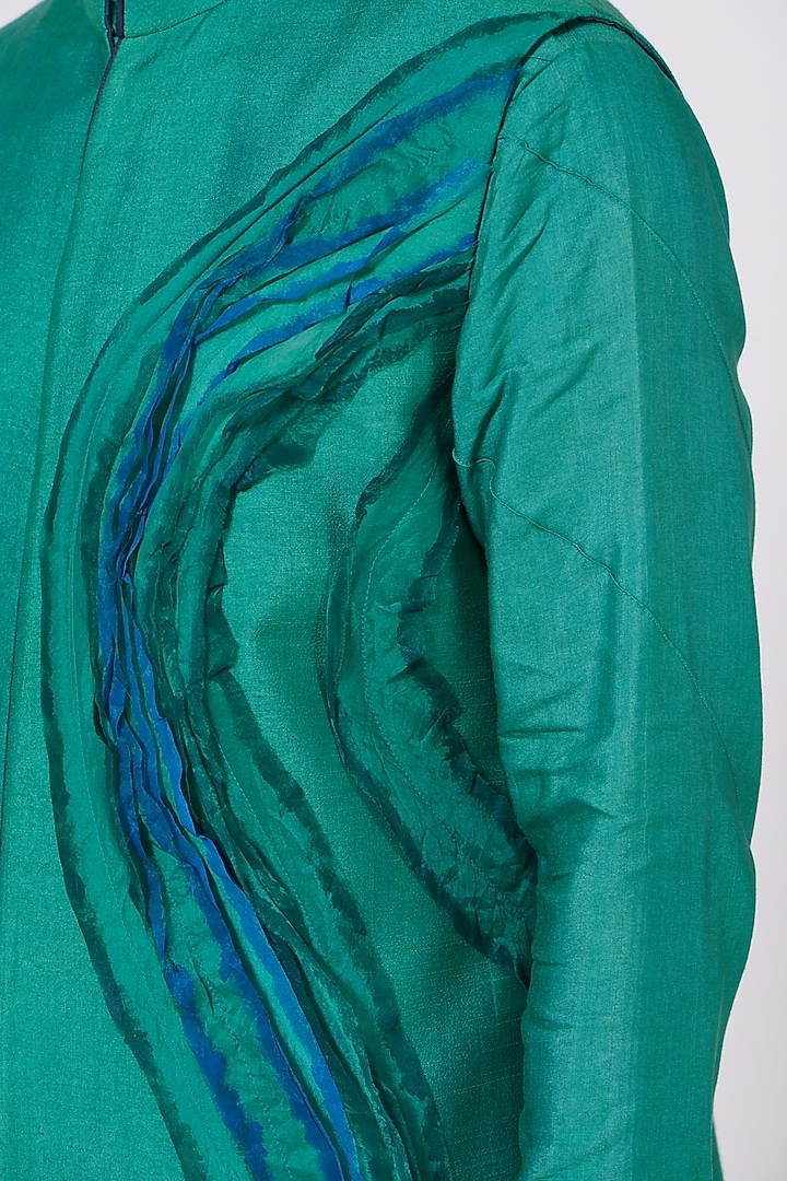 Jade Green Slub Silk Hand Painted Nehru Jacket Set by Jatin Malik at Pernia's Pop Up Shop