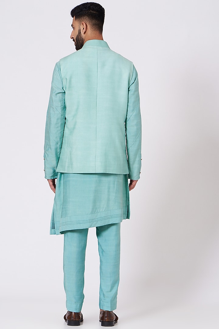 Pool Blue Slub Silk Handpainted & Embroidered Nehru Jacket Set by Jatin Malik at Pernia's Pop Up Shop