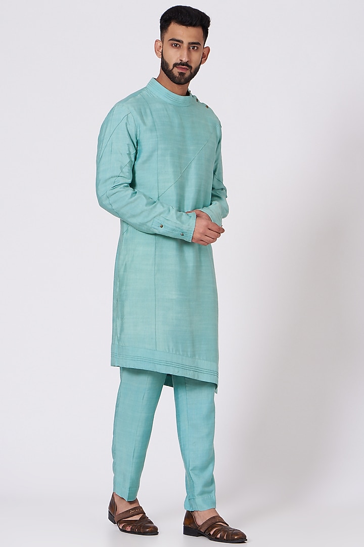 Pool Blue Slub Silk Handpainted & Embroidered Nehru Jacket Set by Jatin Malik at Pernia's Pop Up Shop