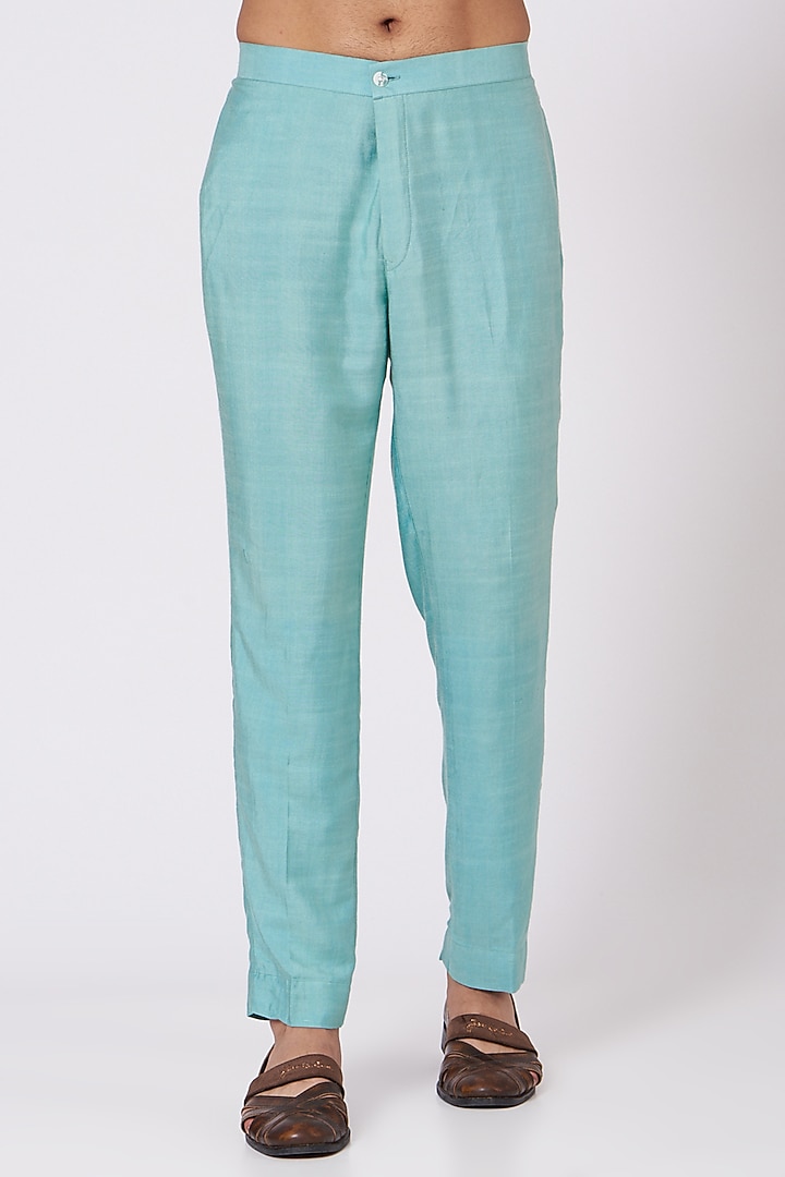 Pool Blue Slub Silk Handpainted & Embroidered Nehru Jacket Set by Jatin Malik at Pernia's Pop Up Shop