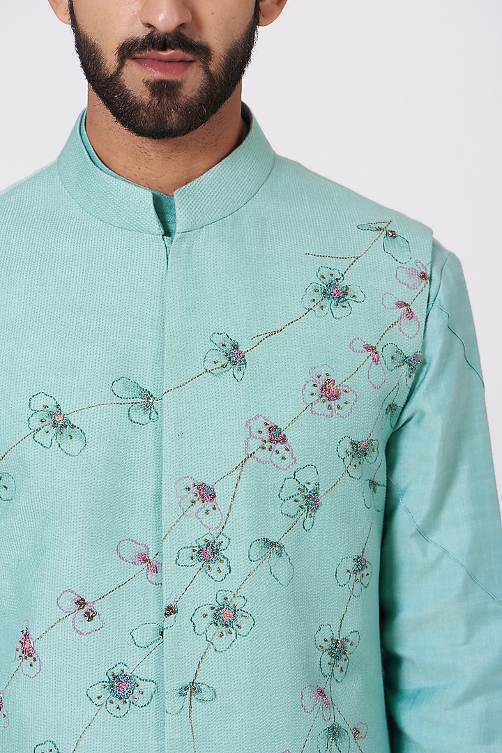Pool Blue Slub Silk Handpainted & Embroidered Nehru Jacket Set by Jatin Malik at Pernia's Pop Up Shop