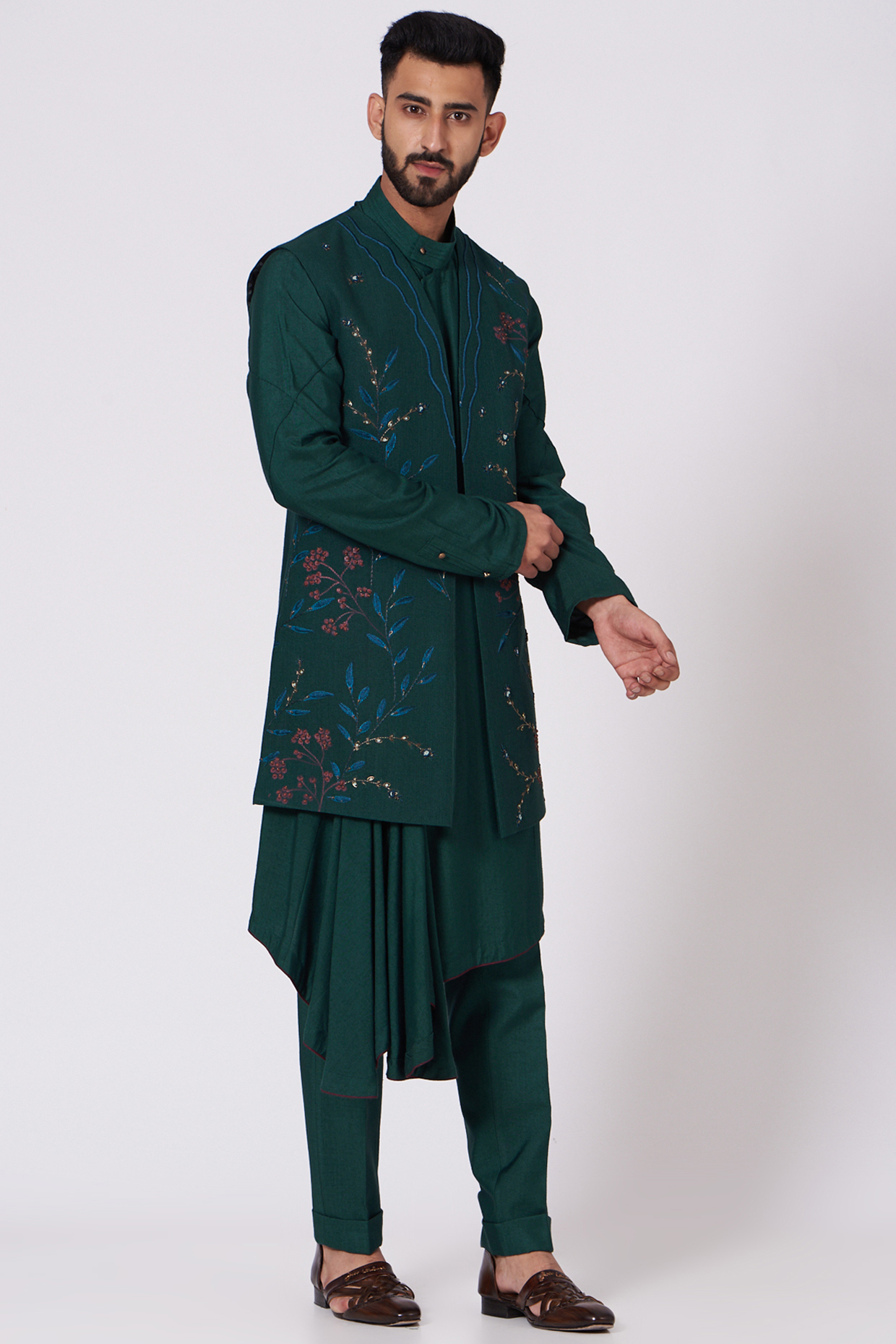 Teal Green Kurta Set With Nehru Jacket by Jatin Malik at Pernia's Pop Up Shop