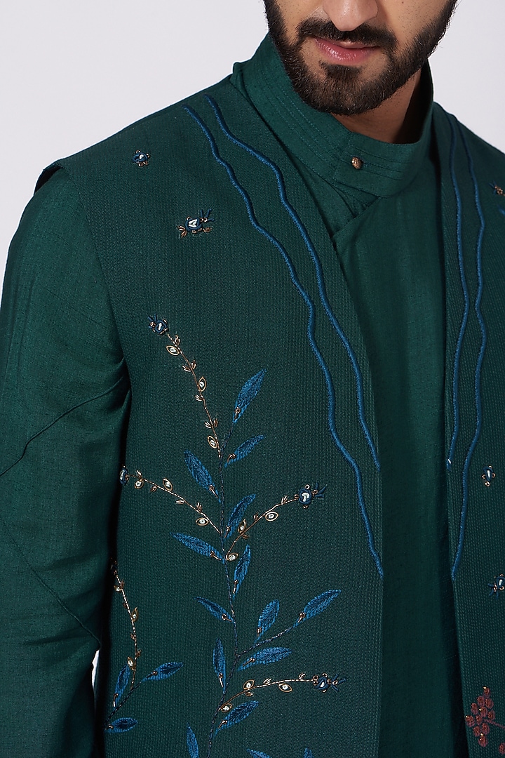 Teal Green Kurta Set With Nehru Jacket by Jatin Malik at Pernia's Pop Up Shop