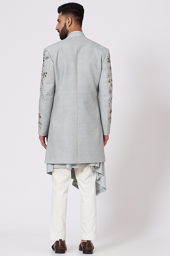 Ice Blue Kurta Set With Hand Painted Jacket by Jatin Malik at Pernia's Pop Up Shop