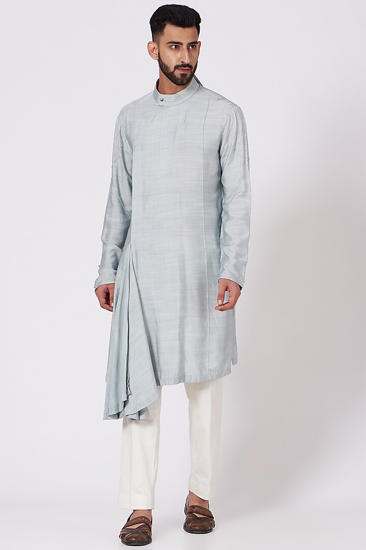 Ice Blue Kurta Set With Hand Painted Jacket by Jatin Malik at Pernia's Pop Up Shop