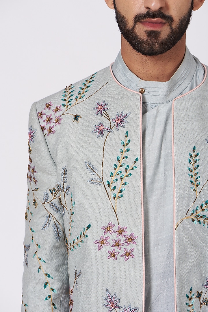 Ice Blue Kurta Set With Hand Painted Jacket by Jatin Malik at Pernia's Pop Up Shop
