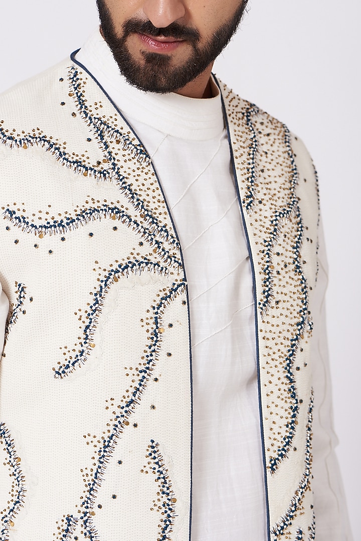 Ivory Kurta Set With Hand Painted Jacket by Jatin Malik at Pernia's Pop Up Shop