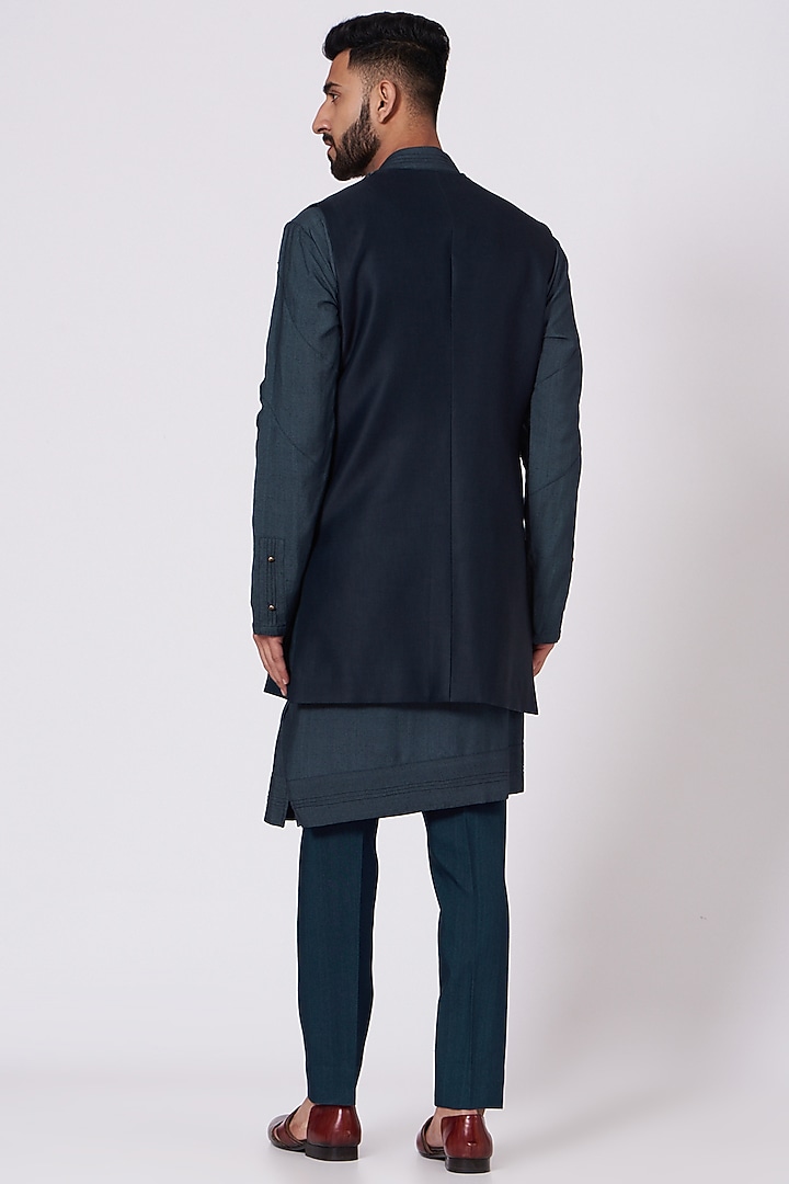 Midnight Blue Kurta Set With Embroidered Jacket by Jatin Malik at Pernia's Pop Up Shop