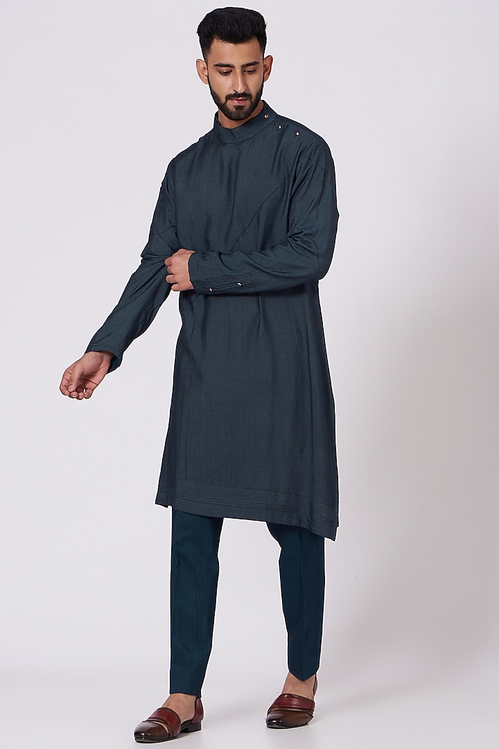 Midnight Blue Kurta Set With Embroidered Jacket by Jatin Malik at Pernia's Pop Up Shop