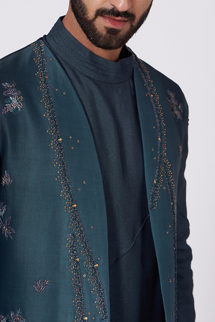 Midnight Blue Kurta Set With Embroidered Jacket by Jatin Malik at Pernia's Pop Up Shop