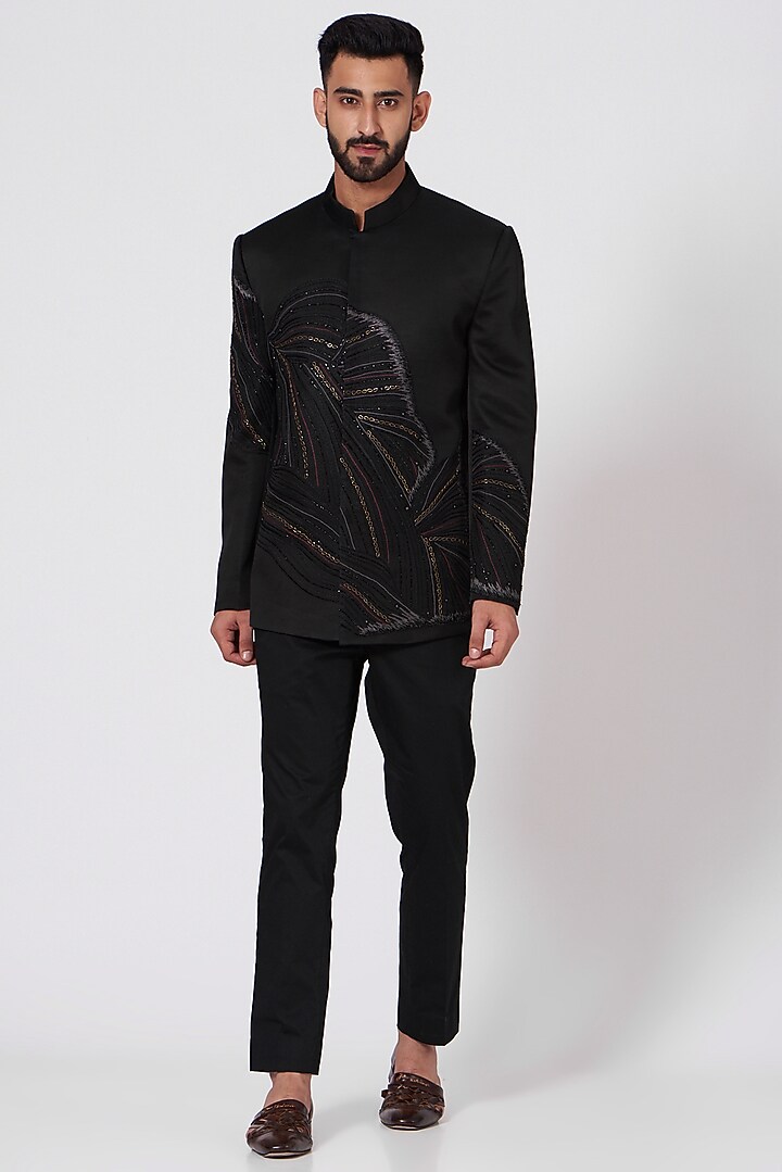 Black Hand Embroidered Wedding Bandhgala Jacket Set by Jatin Malik at Pernia's Pop Up Shop