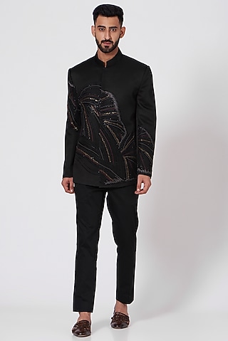 Black Hand Embroidered Bandhgala Jacket Set by Jatin Malik