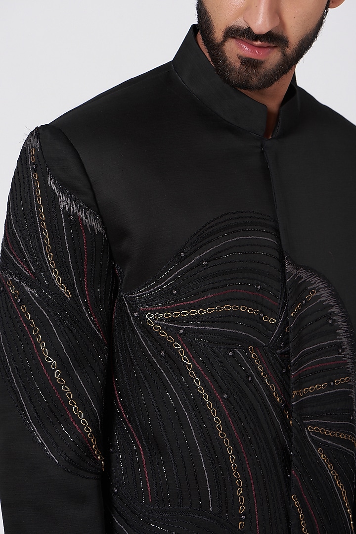 Black Hand Embroidered Wedding Bandhgala Jacket Set by Jatin Malik at Pernia's Pop Up Shop