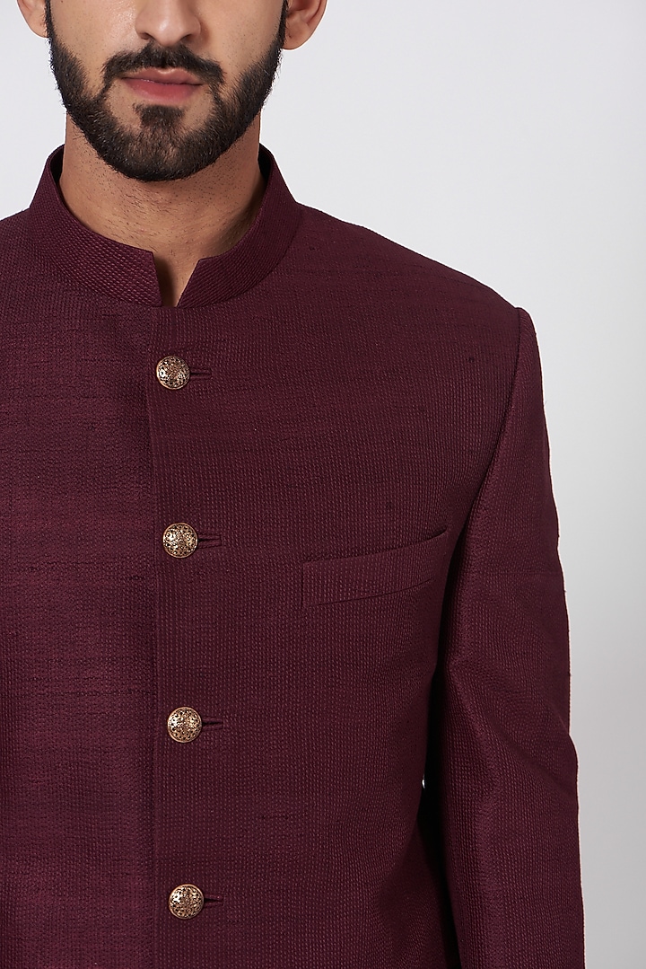 Wine Hand Textured Wedding Bandhgala Jacket Set by Jatin Malik at Pernia's Pop Up Shop