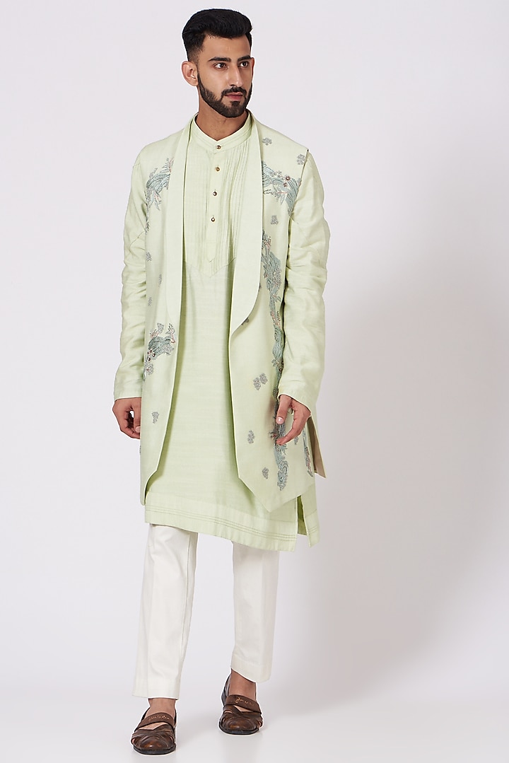 Duckegg Kurta Set With Embroidered Jacket by Jatin Malik