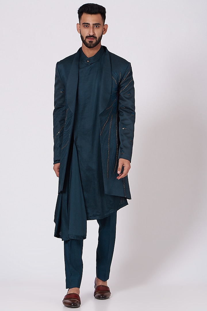 Teal Blue Draped Kurta Set With Embroidered Jacket by Jatin Malik