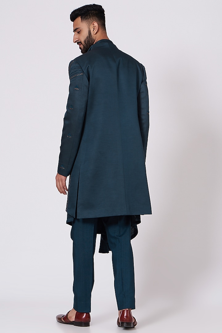 Teal Blue Draped Kurta Set With Embroidered Jacket by Jatin Malik at Pernia's Pop Up Shop