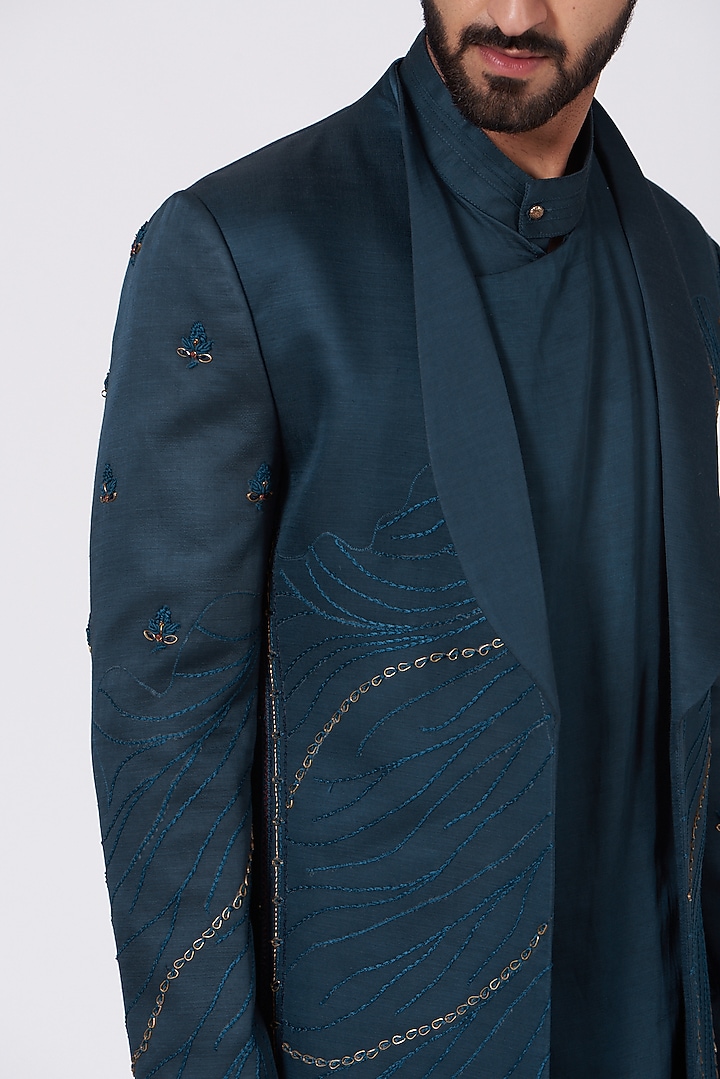 Teal Blue Draped Kurta Set With Embroidered Jacket by Jatin Malik at Pernia's Pop Up Shop