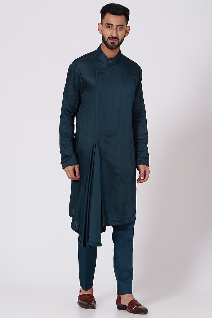 Teal Blue Draped Kurta Set With Embroidered Jacket by Jatin Malik at Pernia's Pop Up Shop