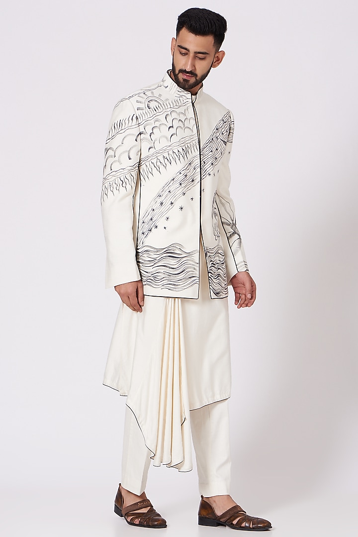 Ivory Hand Painted Wedding Bandhgala Jacket Set by Jatin Malik at Pernia's Pop Up Shop